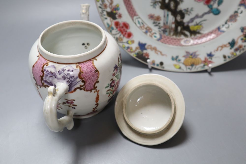 A 18th century Chinese famille rose export plate and an 18th century export teapot, cover and stand (the latter repaired)